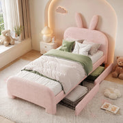 Letto imbottito per bambini 90x200 cm rosa con testiera coniglio e 2 cassetti