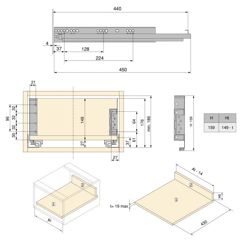 Cassetto esterno Simplex 25 kg, altezza 159 mm, profondità 440 mm, Acciaio, Grigio antracite