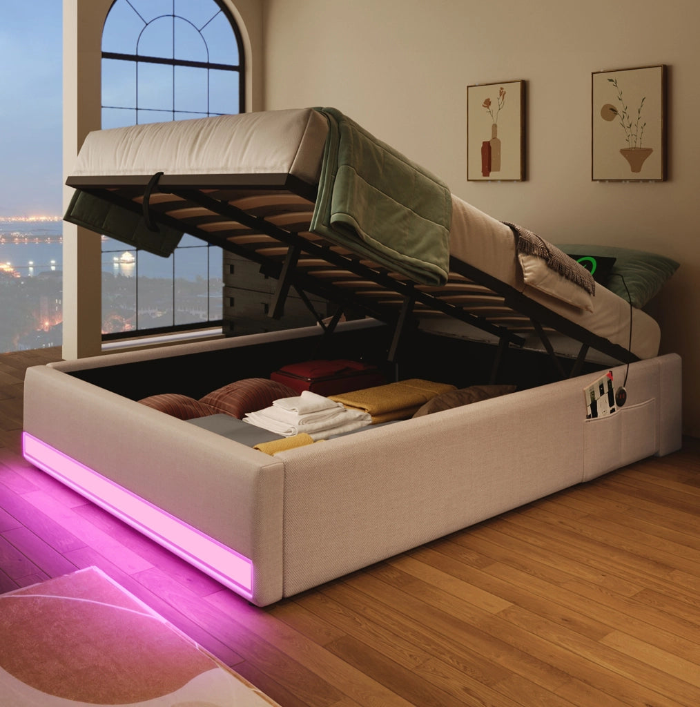 Letto imbottito 90x200 cm con LED, USB e funzioni contenitive