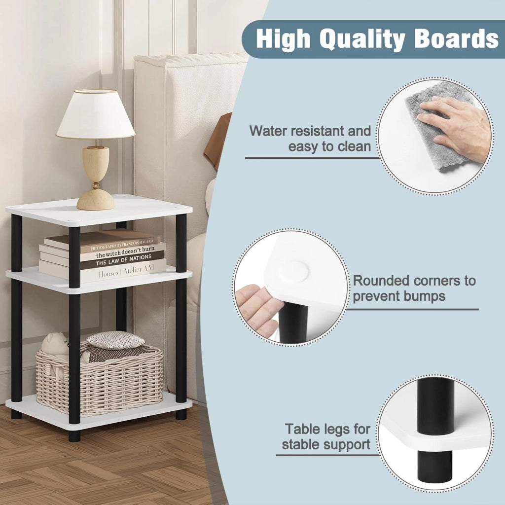 Set di 2 Comodini da Letto a 3 Ripiani, Tavolini Salotto di Legno, Tavolini Divano 40x35x57,5 cm, Facile Assemblaggio, per Camera da Letto Soggiorno, Bianco+Nero