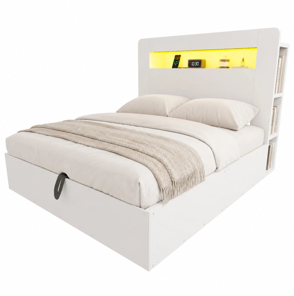 Letto contenitore 140x200 cm con LED, prese e testiera bianca