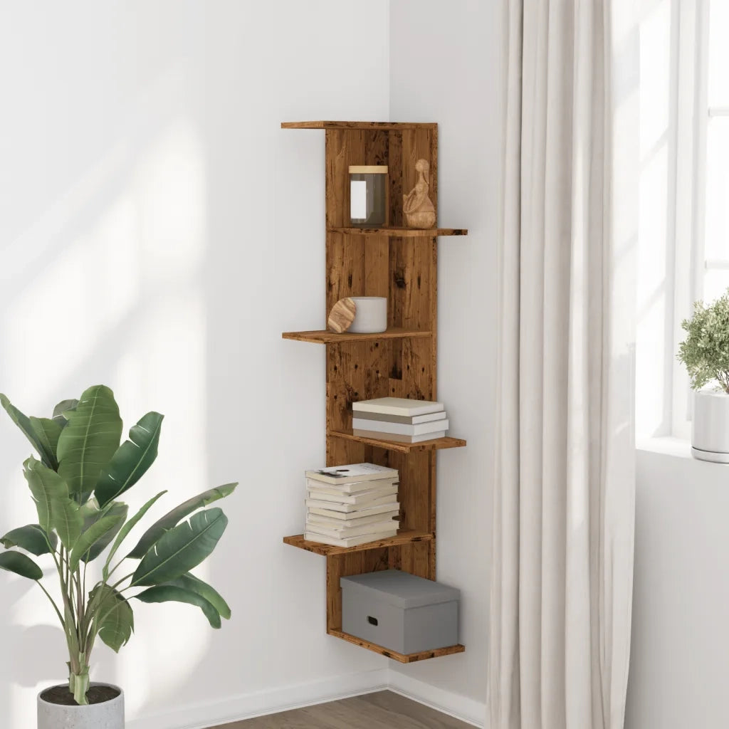Scaffale Angolare Muro | Mensola a parete Legno Antico 36,5x36,5x140cm Multistrato