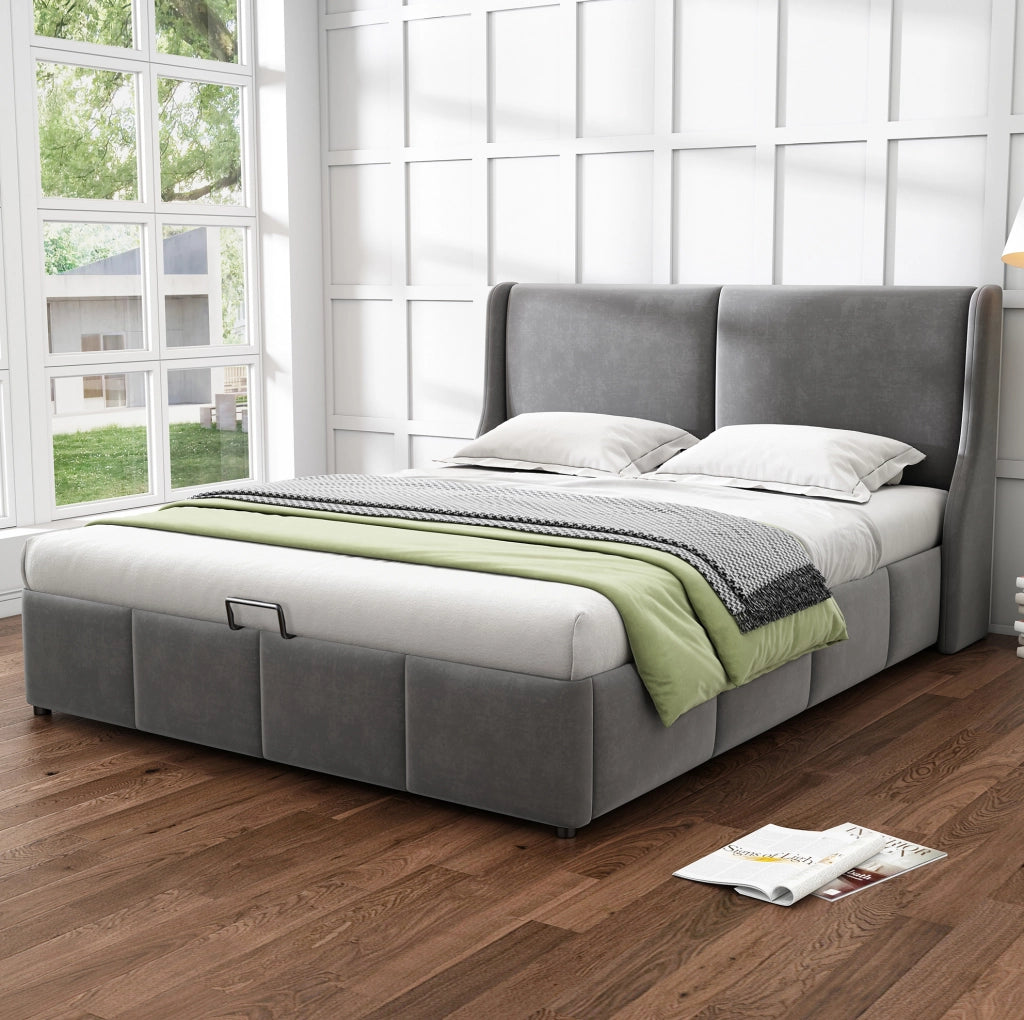 Letto imbottito con contenitore; rete a doghe; 180x200 cm; velluto grigio
