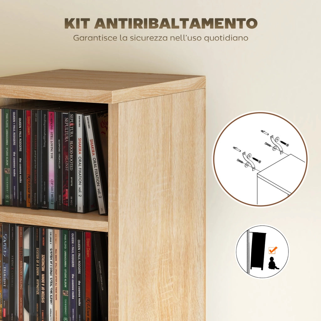 Set 2 Librerie 21x22,5x88,5 cm Mobili Porta CD con Ripiani Regolabili per 204 CD in Legno Rovere