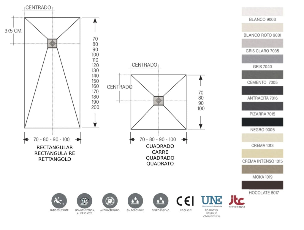 Piatto doccia Ardesia extra piatto 90X90 cm colore Grigio cemento RAL 7005 griglia Grigio cemento