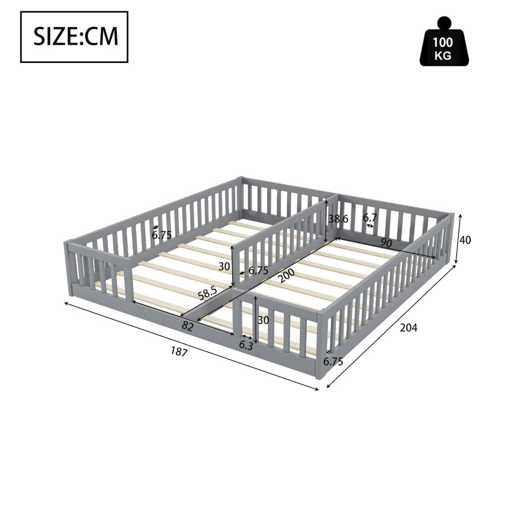 Letto per bambini doppio a pavimento 90×200 cm grigio con rete e sponde