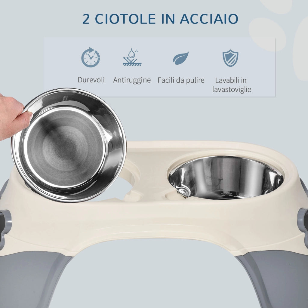 Ciotola per Cani Doppia Rialzata ¨C zephmum ¨C Acciaio Inox e Plastica Bianco Grigio 47x25x20cm