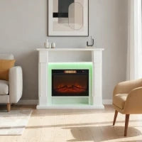Camino Elettrico 1800W Regolabile con Fiamma 3D, Ripiano, Timer e Telecomando, 105x27x97 cm, Bianco
