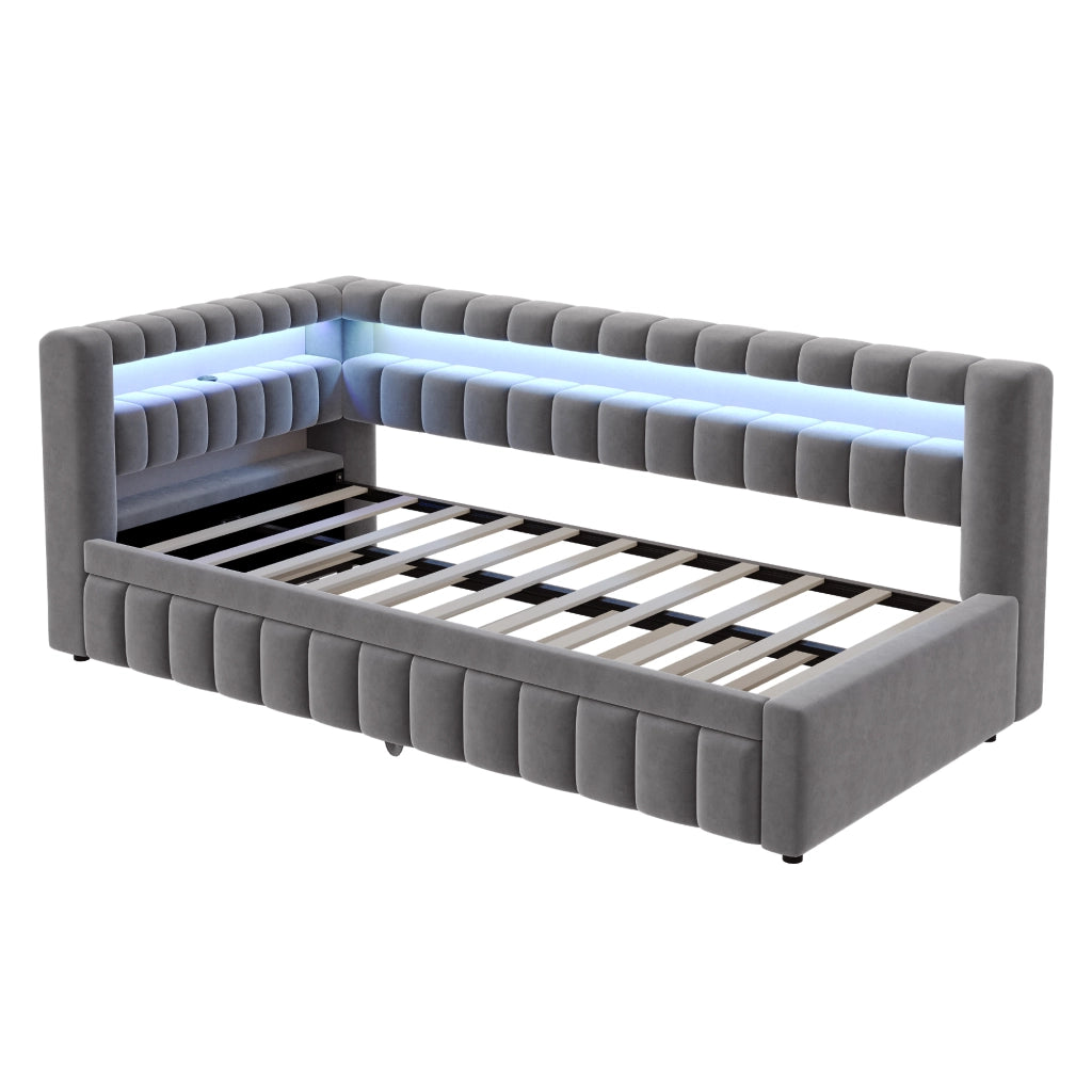 OKWISH Letto a Scomparsa 90×200 cm, Letto Singolo con Letto Estraibile, USB, Type C, LED Regolabile e Vani, senza Materasso, Grigio