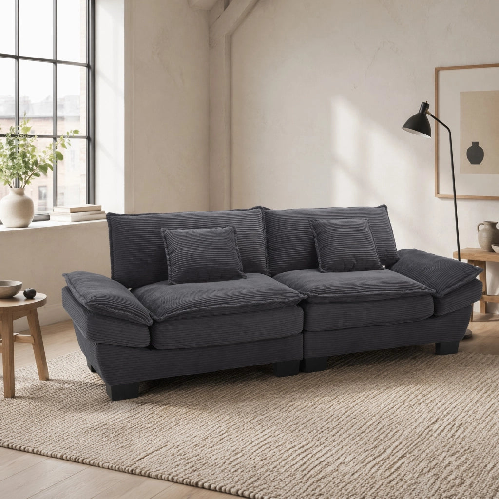 Divano 2 Posti con Seduta Profonda Braccioli Imbottiti e 2 Cuscini in Velluto Grigio Scuro 224 × 81 × 81 cm