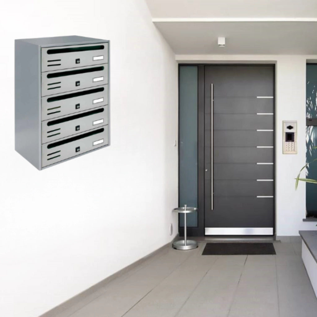 ALUBOX CUBO Cassette Postali Condominiali 5 Posti 53X38,5X25 Cm In Lamiera Zincata Cassetta Postale Condominiale Orizzontale Da Esterno E Interno Protetto COLORE: ARGENTO RAL 9006