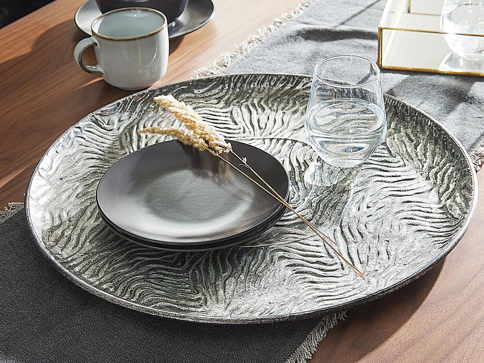 Vassoio Decorativo Metallo Argento Effetto Rotondo 49 cm Retro Glamour