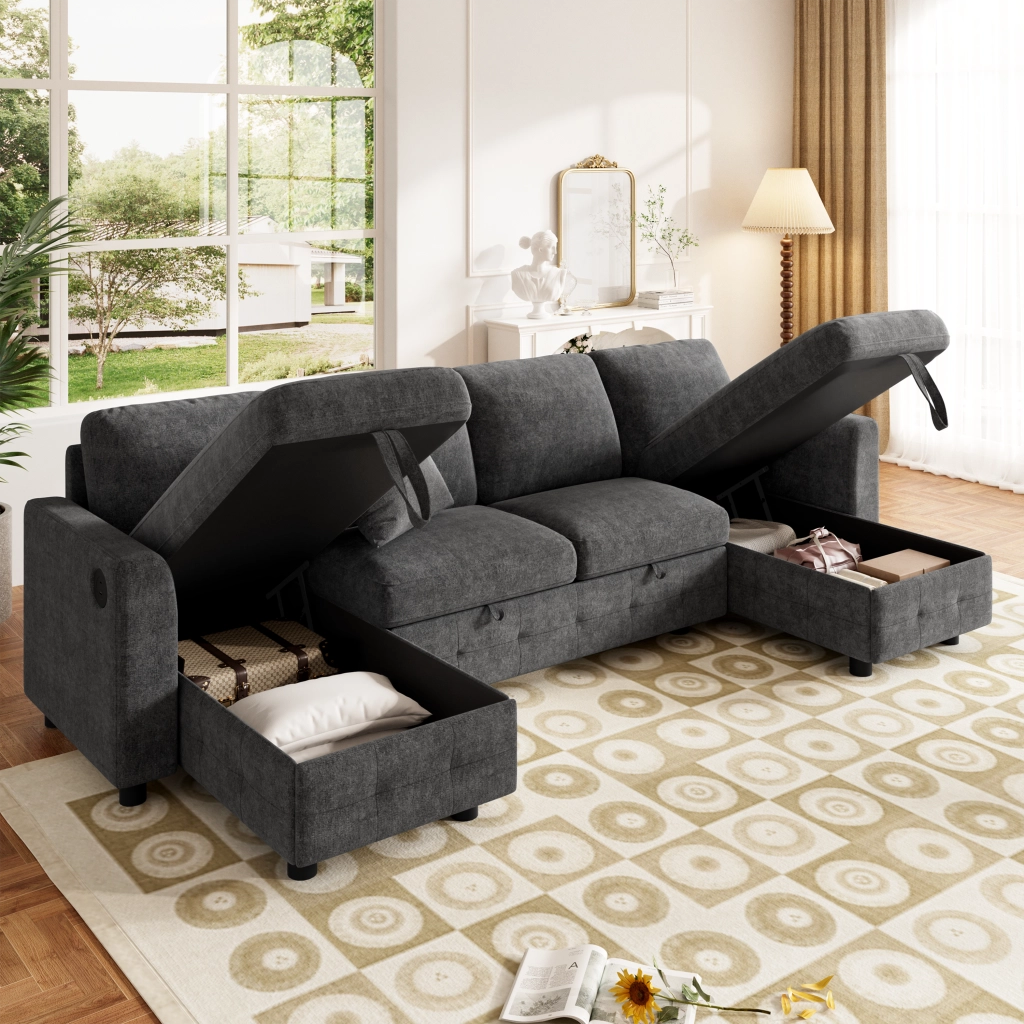 DIVANO LETTO a U con funzione estraibile, 260x128x82 cm, grigio scuro, in chenille