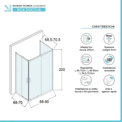 Box doccia 70x90x70 cm con doppio scorrevole trasparente H 200 cm Ted