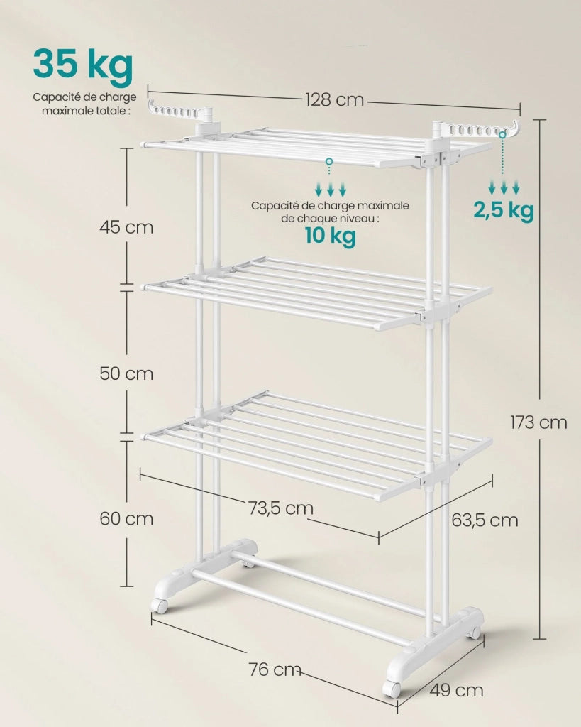 Stendibiancheria mobile a 4 ripiani con ruote pieghevole 64 x 126 x 172 cm grande capacità facile da montare per interni ed esterni bianco 12_0005841