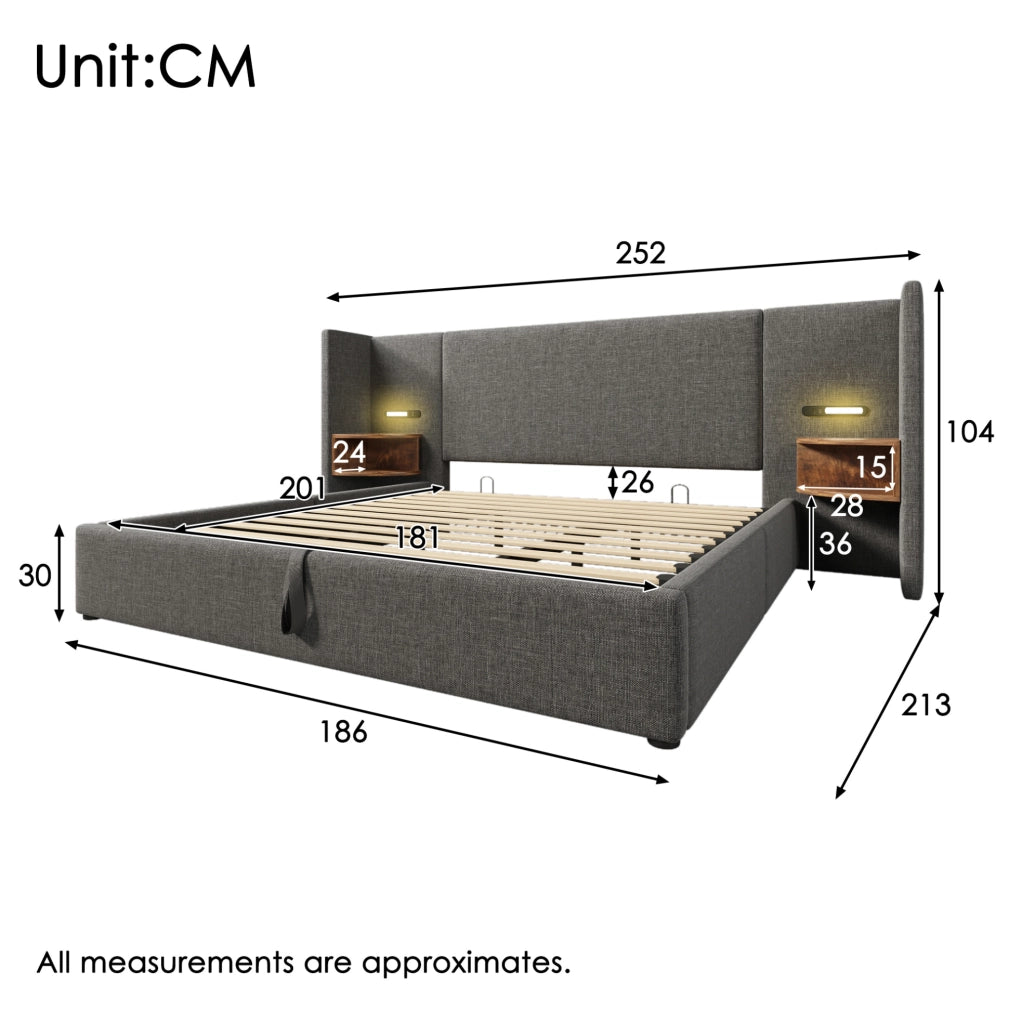 Letto contenitore 180x200 grigio con lampada e ricarica USB-C