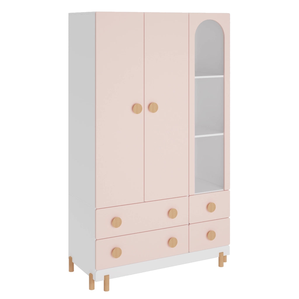 Armadio per Cameretta Vaarentaa a 2 Ante con 4 Cassetti e 3 Vani Aperti 156x90x41 cm - Bianco/Rosa [en.casa]