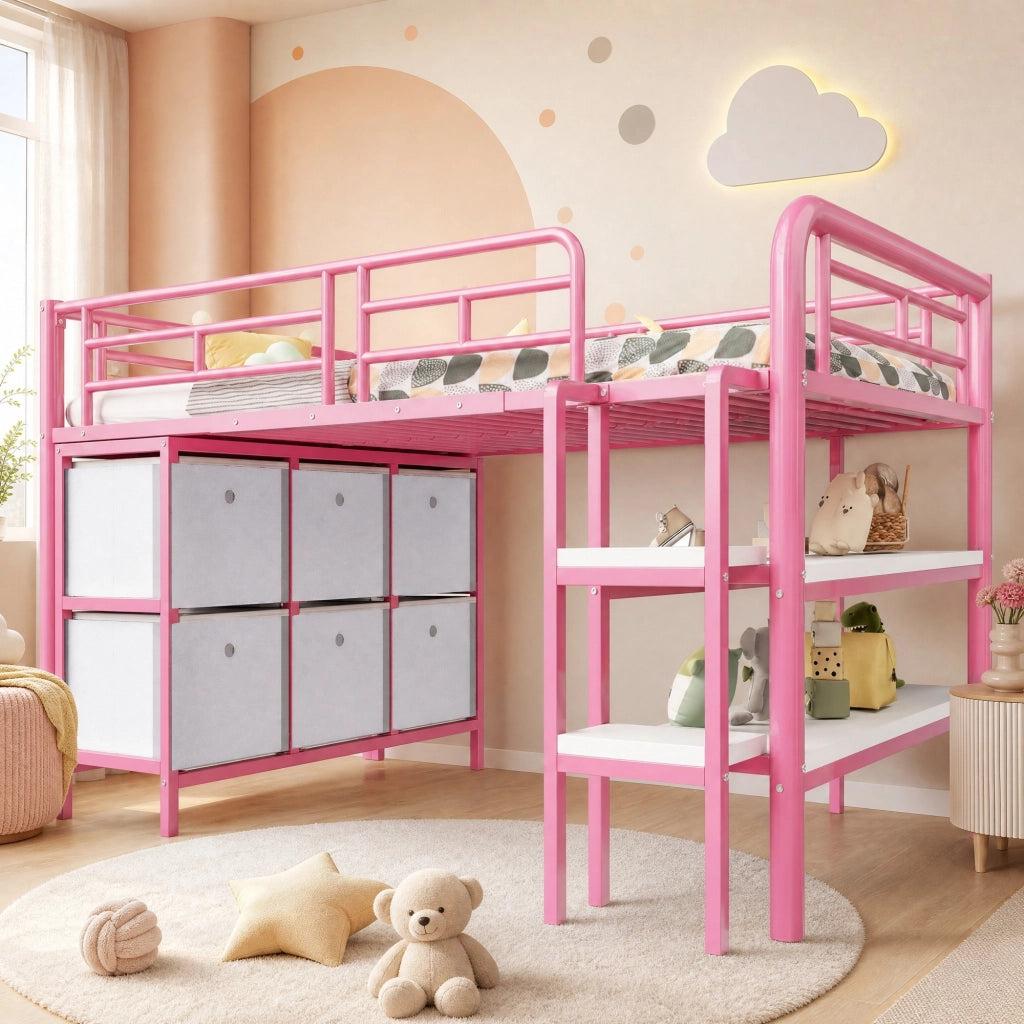 Letto a soppalco basso per bambini 90x200 cm in metallo e MDF rosa con scale larghe, cassetti e ripiani