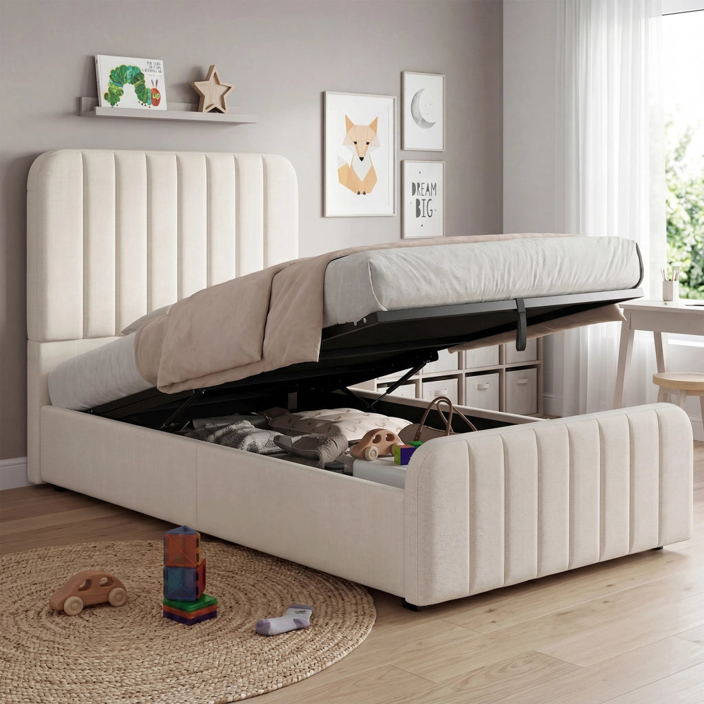 Letto singolo imbottito 90x200 cm con sollevamento idraulico, rete a doghe, testiera trapuntata e vano contenitore, beige