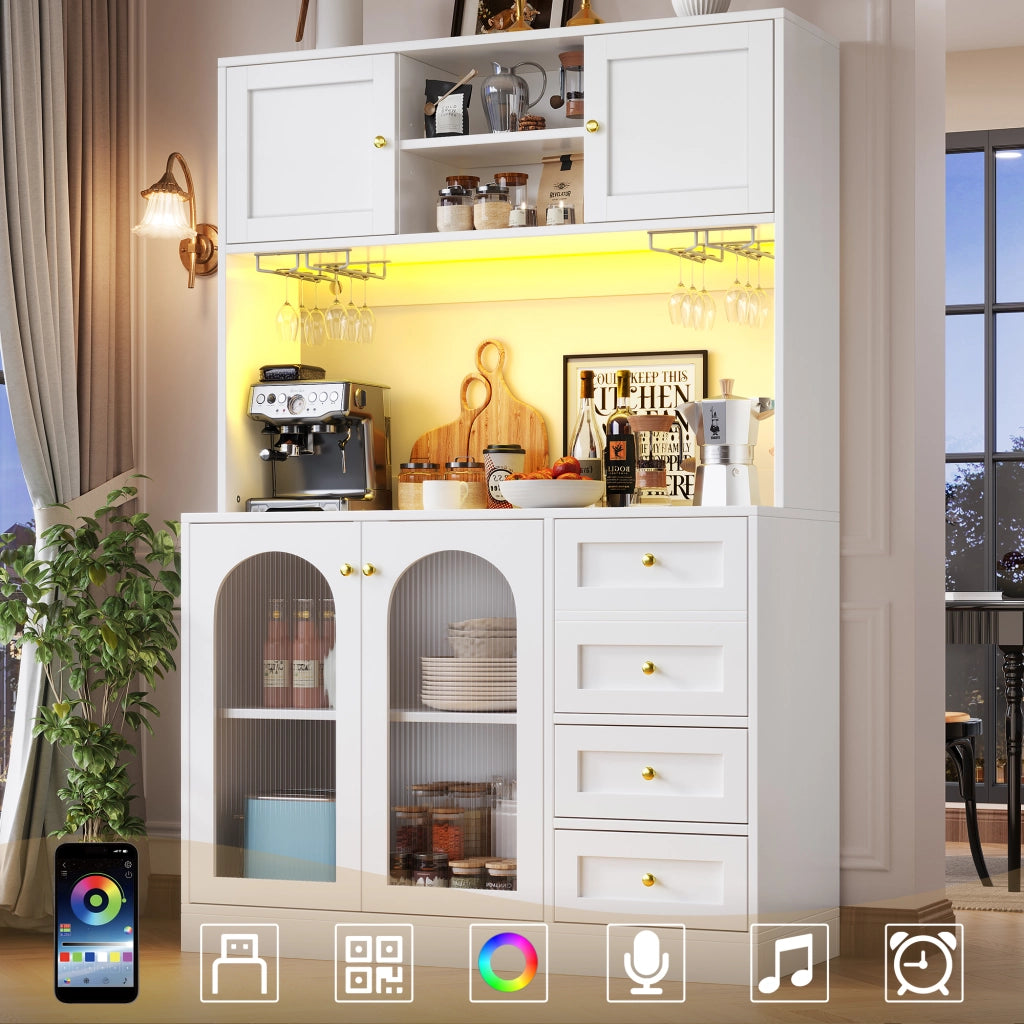 BUFFET 120x40x188 cm in MDF Bianco con LED e maniglie dorate