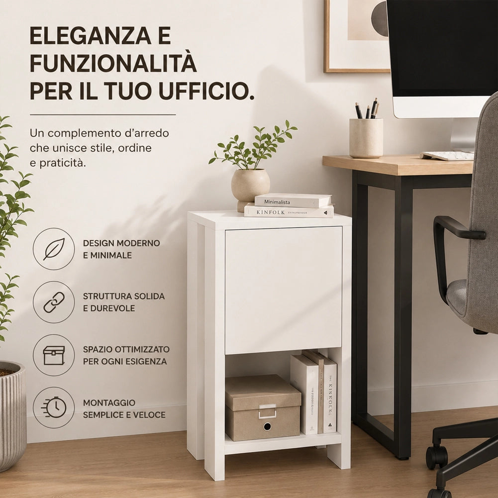 Comodino Mobiletto 2 Ripiani con Anta Tavolino Design Moderno in legno Bianco