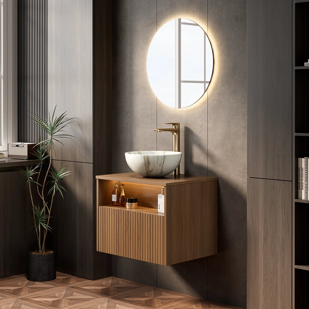 Mobile bagno con cassetto e vano aperto con lavabo in ceramica e luce LED con sensore per bagno 60×46×60.8 cm