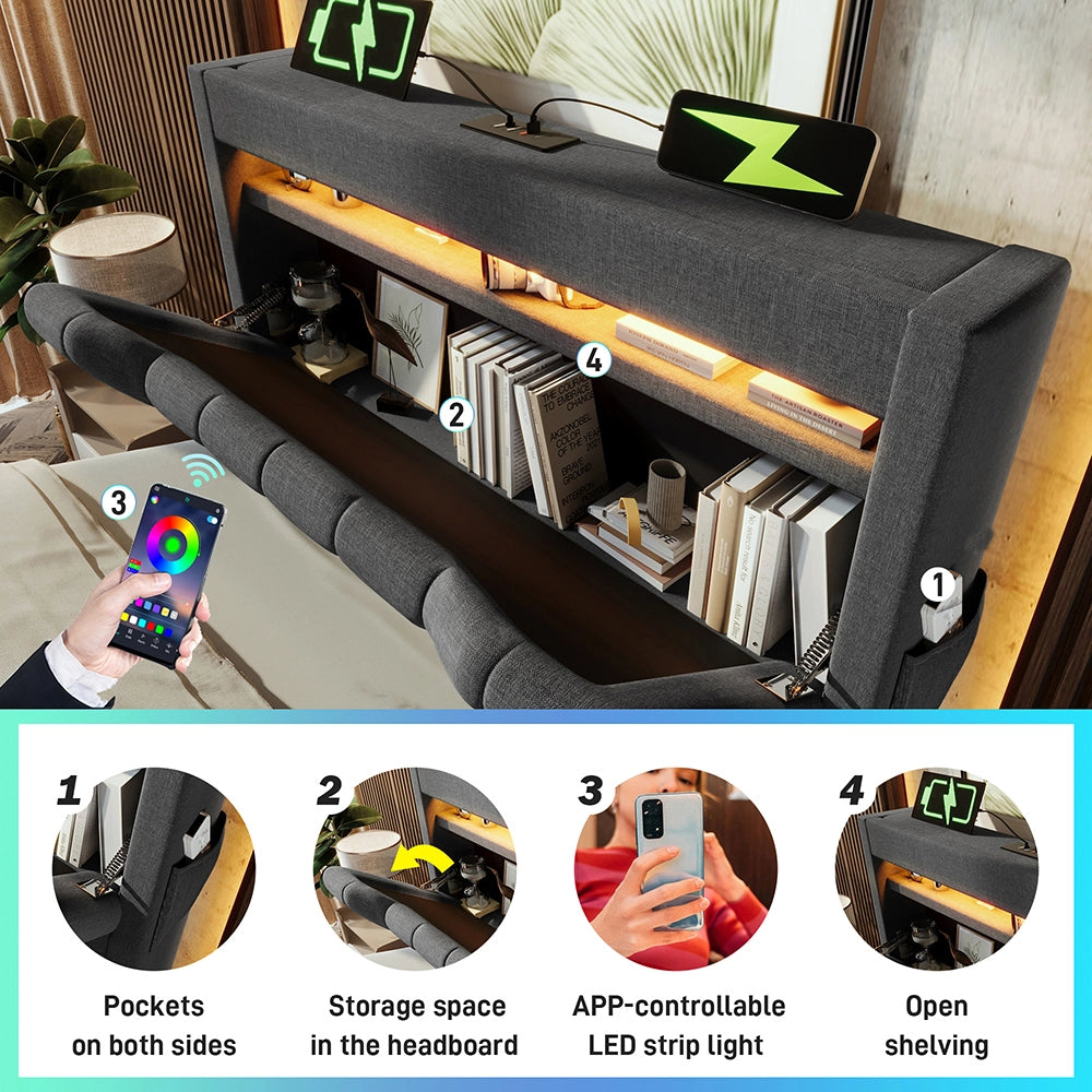 Letto singolo-Xylo-90x200 cm-LED, USB-C, testiera, idraulico, lino, grigio