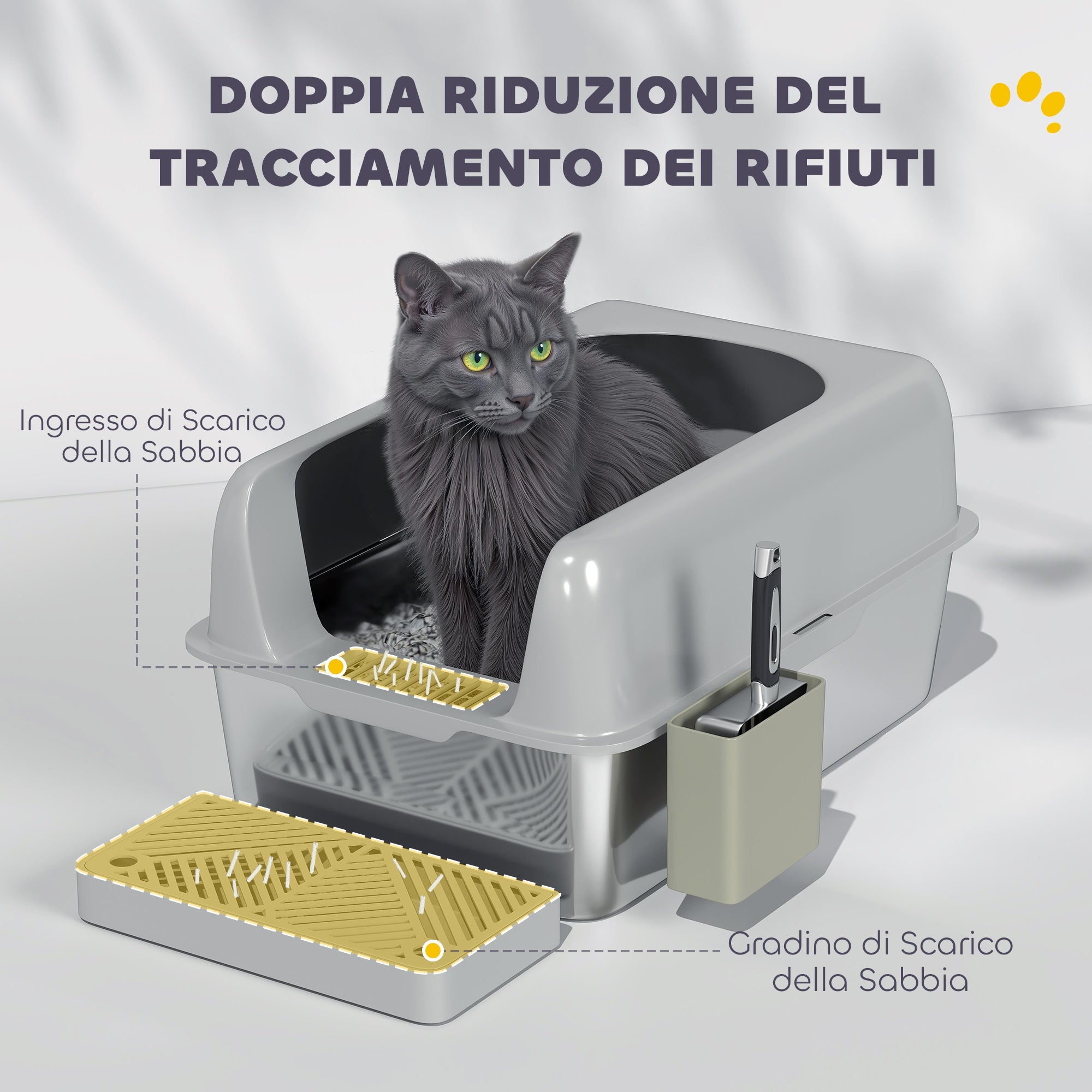 Lettiera per Gatti con Gradino 60,2x40,6x29 cm in Acciaio Inox e ABS Grigio Chiaro