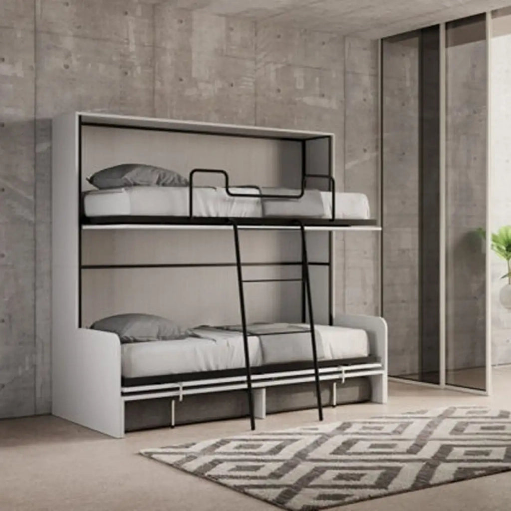 Letto doppio a scomparsa Kando con divano bianco frassino, grigio