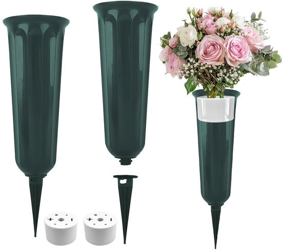 Due pezzi di impianti di vaso in plastica per cimitero, vaso con pennello per terra, impianti di vaso duraturi per cimiteri, vasi per tombe, vaso per cimitero per cimiteri, giardini, decorazioni funebri (verdi)