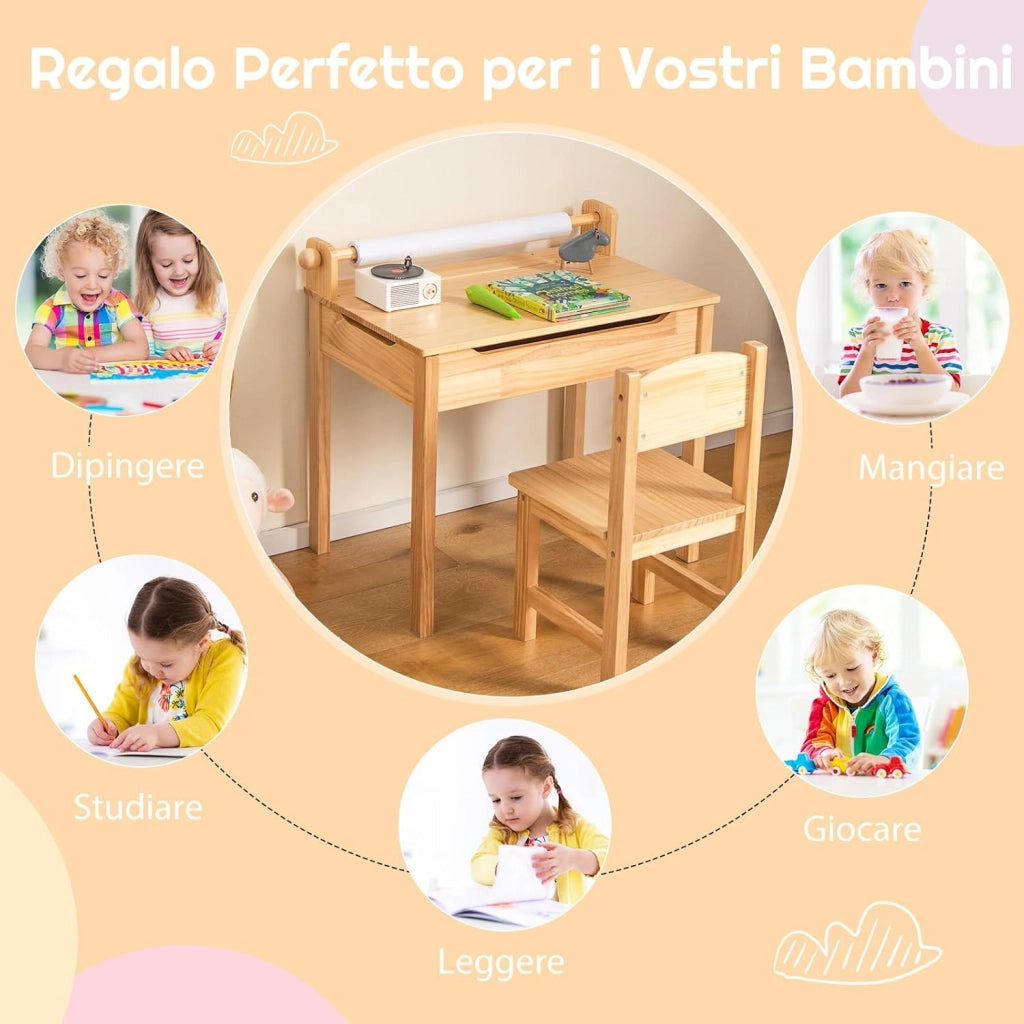 Set Tavolo e Sedia d’Arte per Bambini 3+ Anni, Scrivania in Legno di Pino da Disegno con Portarotolo, Piano Ribaltabile & Vano Portaoggetti, Rotolo di Carta (10m) e 2 Pennarelli (Naturale)