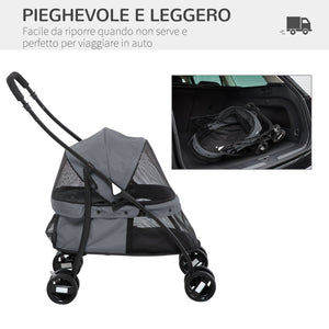 Passeggino per Cani Pieghevole 82x47x97 cm con Borsa e 2 Guinzagli Grigio e Nero