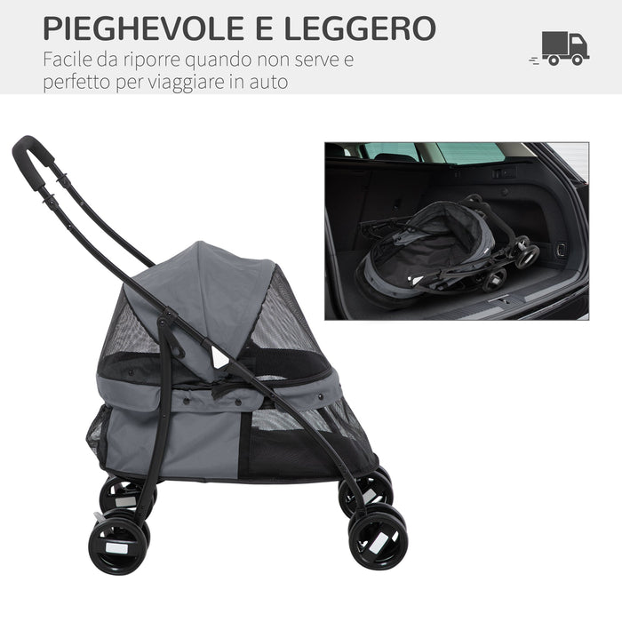 Passeggino per Cani Pieghevole 82x47x97 cm con Borsa e 2 Guinzagli Grigio e Nero