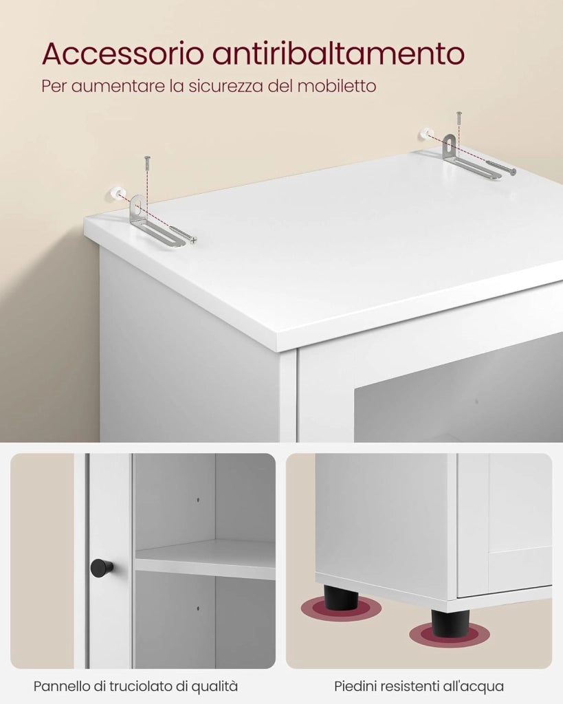 VASAGLE Mobile da Bagno Salvaspazio, Mobile a Colonna, Mobile Alto, Ripiano Aperto, Anta in Vetro, Mobiletto Bagno con Piedini, Ripiani Regolabili in Altezza, Bianco Nuvola BBK163W01