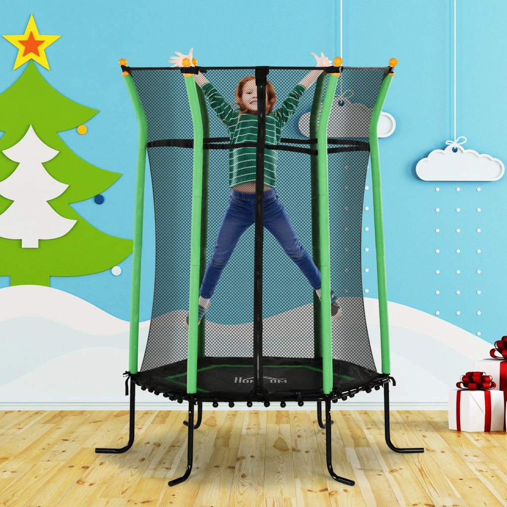 Trampolino Elastico per Bambini 3-10 Anni con Ingresso a Cerniera e Pali Imbottiti, ?163.5x190 cm, Verde
