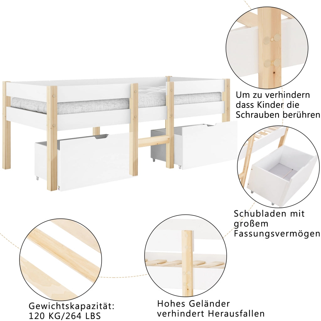 DESMIU Letto a soppalco per bambini 90 × 200 cm 1 piazza con cassetto, sponda di sicurezza e scala, senza materasso, bianco