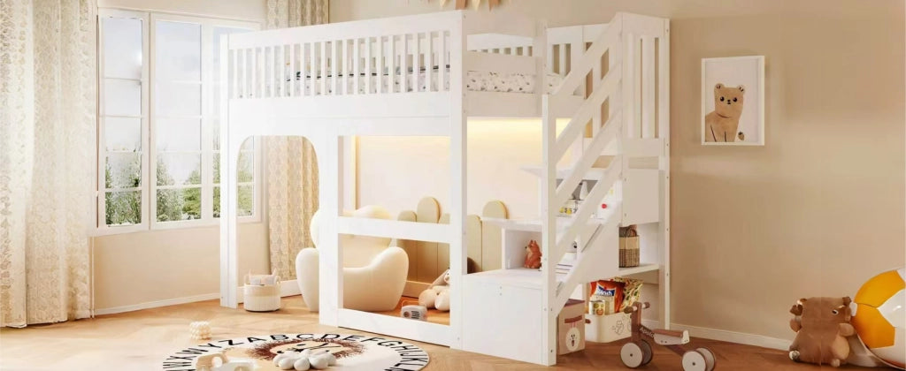Letto a soppalco per bambini 90 × 200 cm con scala contenitore, LED, spazio aperto e senza materasso, bianco