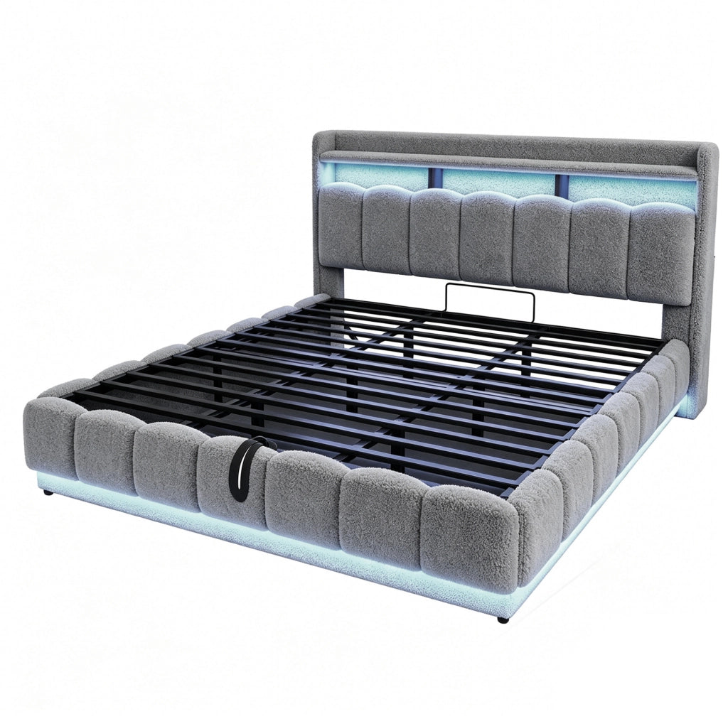 Letto imbottito 180x200 cm con contenitore idraulico; LED; USB e prese; tessuto grigio