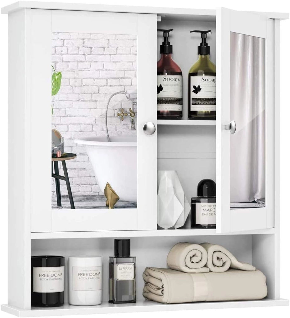 Armadietto da Bagno con Specchio, Armadietto da Parete con Ripiano Regolabile, Mobile da Parete per Bagno, 56 x 12,5 x 58 cm (Bianco)