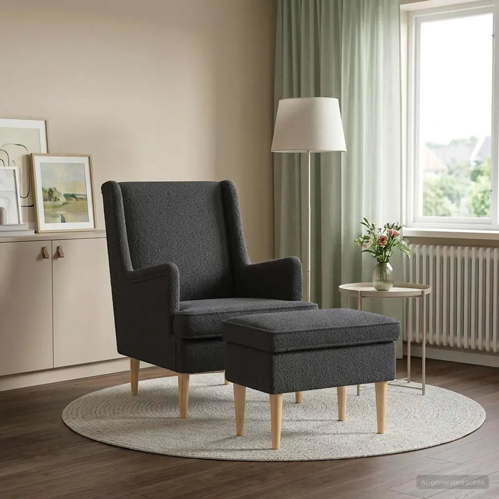Poltrona con Ottomano 2 pz Grigio Scuro Bouclé 3418840