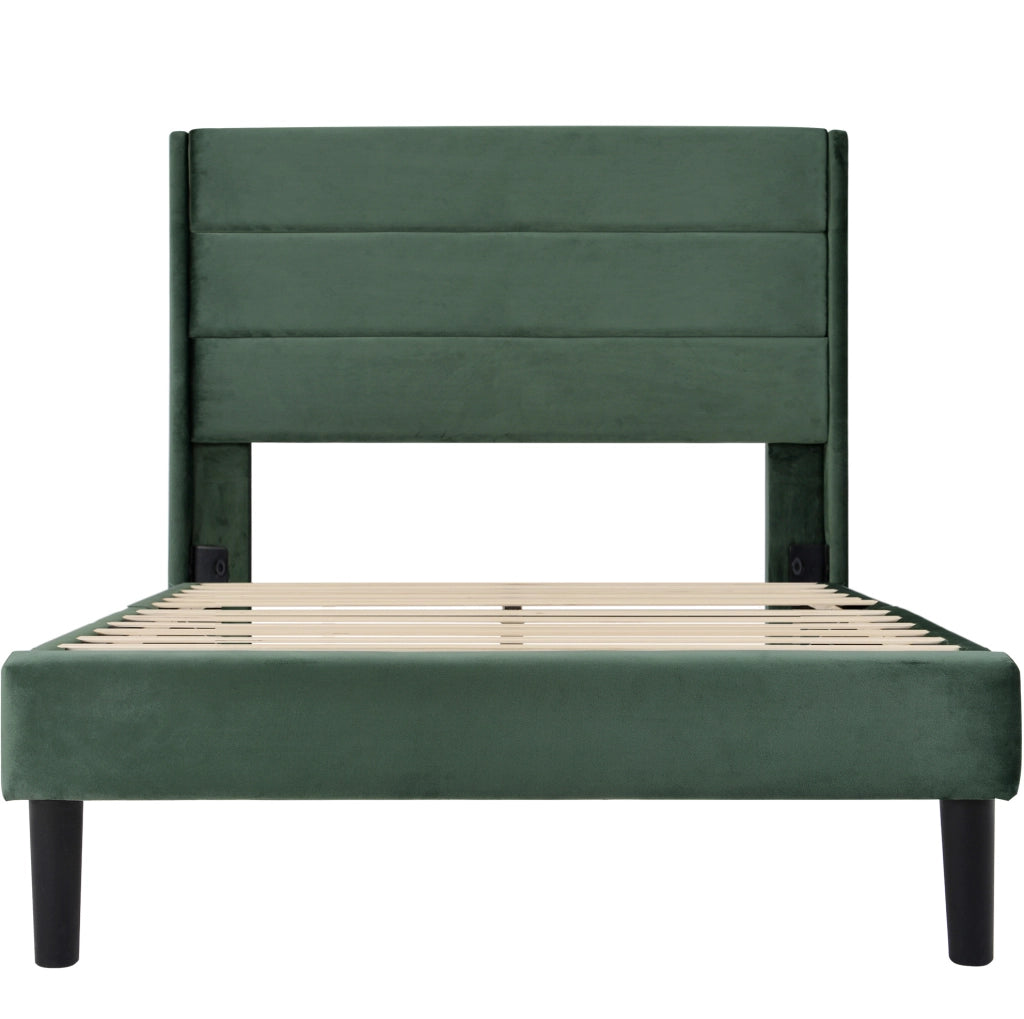 Letto singolo imbottito 90 x 200 cm in velluto verde scuro con rete e testiera confortevole