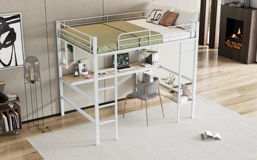 Letto a soppalco in metallo bianco 140x200 cm con scrivania e scaffali integrati