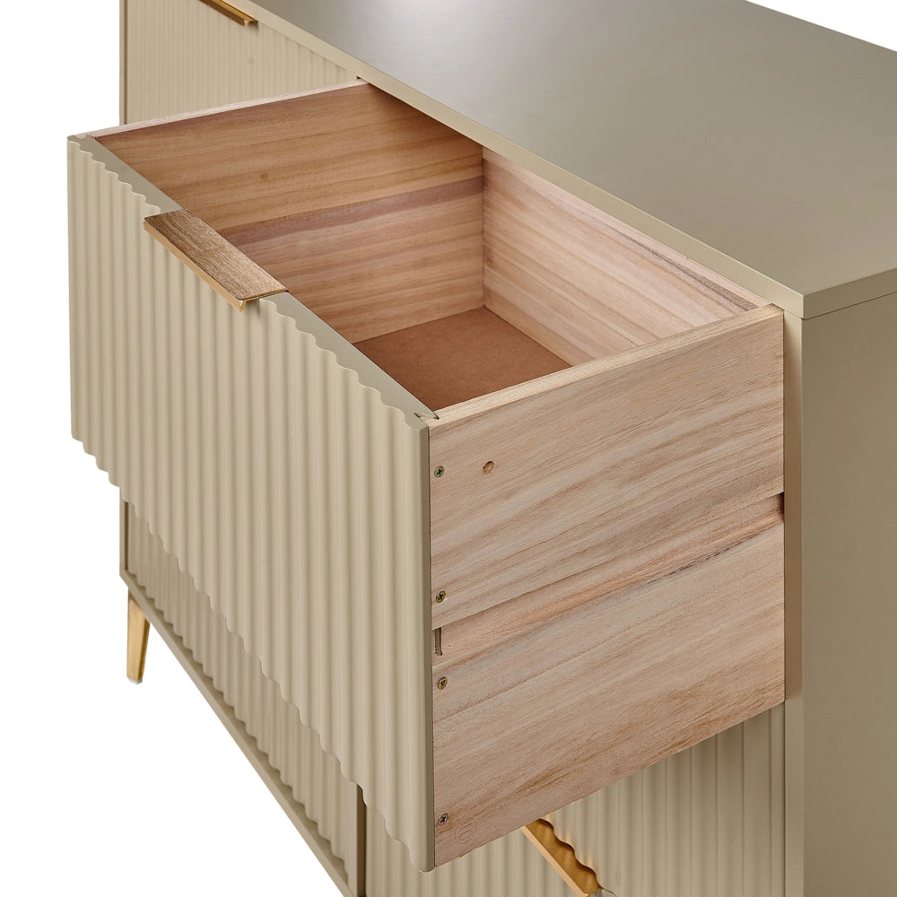 Cassettiera Beige MDF 6 Cassetti Gambe in metallo Maniglie Scanalate Frontali Design Moderno Camera da letto Soggiorno