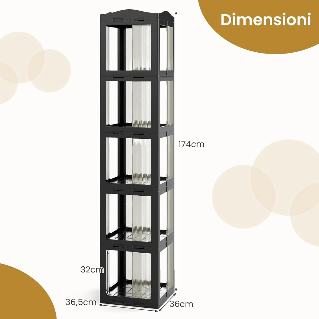 Libreria Girevole Pieghevole, Scaffale Traslucido Girevole a 360° con Base Rotante, Scaffale Alto Angolare da Esposizione per Soggiorno, Studio (Nero,5 Livelli)
