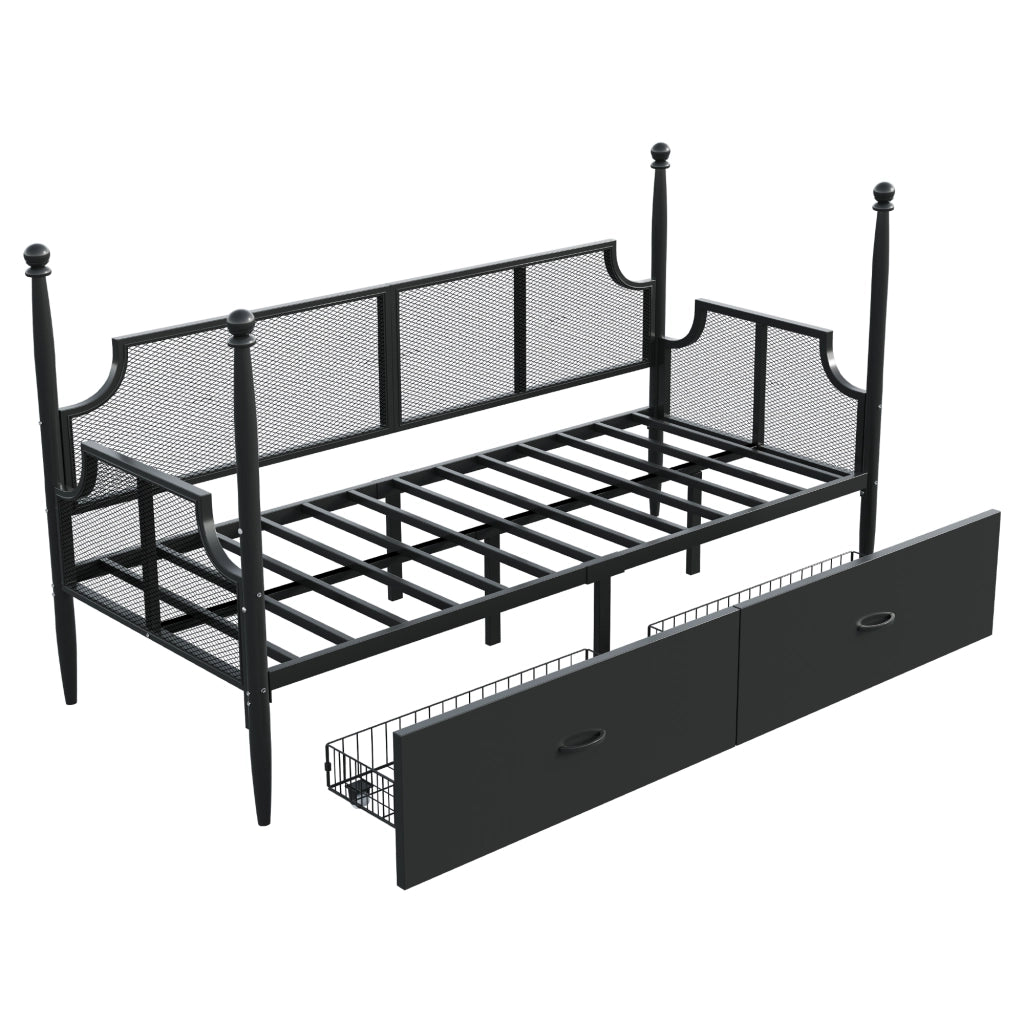 OKWISH Letto Divano 90×200 cm, Letto Singolo con 2 Cassetti, Schienale a Rete e Braccioli, senza Materasso, in Metallo, Nero