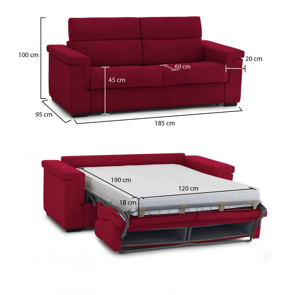 Rigolato, Divano Letto 2 Posti Sfoderabile Made in Italy, 185x95 cm Rosso