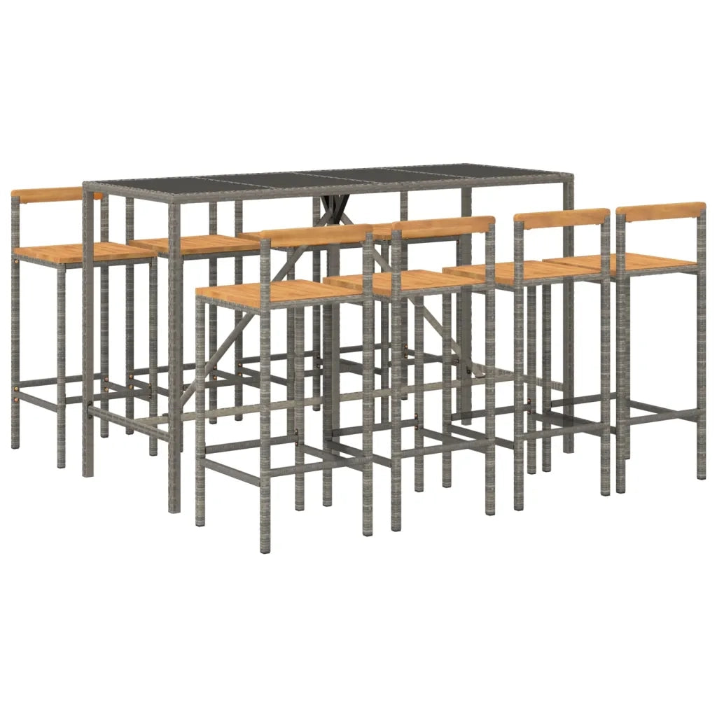 Set Bar Giardino 9pz Grigio Polyrattan e Legno Massello Acacia 3187697