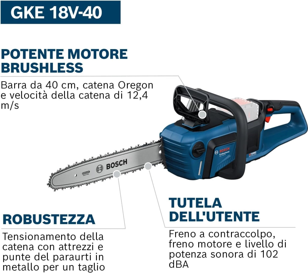 Bosch Professional 18V System Sega a catena GKE 18V-40 (barra da 40 cm, motore brushless con tecnologia BITURBO, incl. chiave, copricatena, senza batteria)