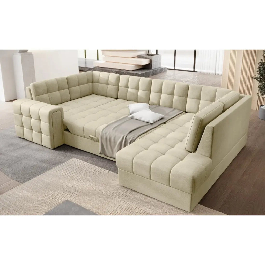 Divano ad angolo trasformabile MONTEZA beige 299 cm con contenitore e letto