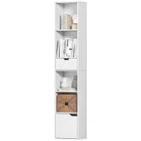 Scaffale Libreria a 4 Ripiani Aperti con Armadietto e Cassetto, 30x24x158 cm, in Legno Bianco